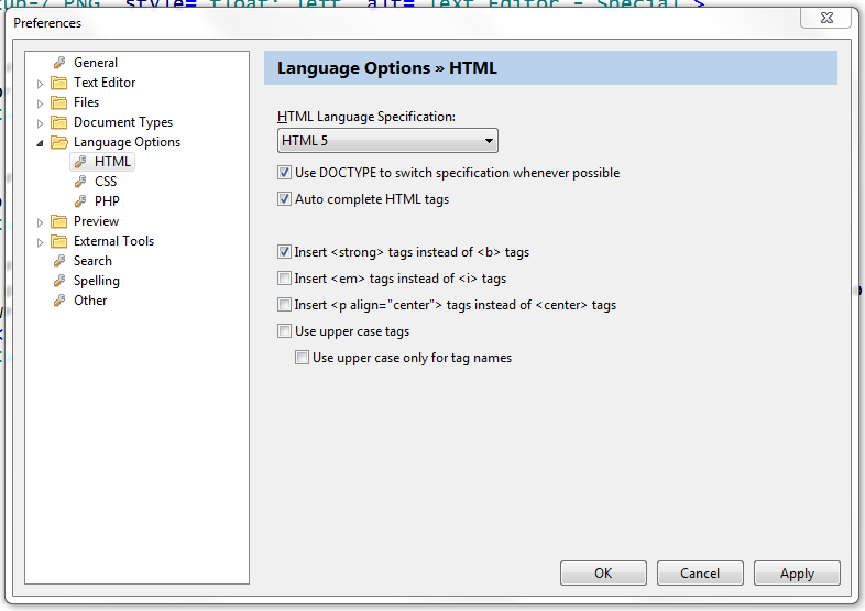 language Options - HTML