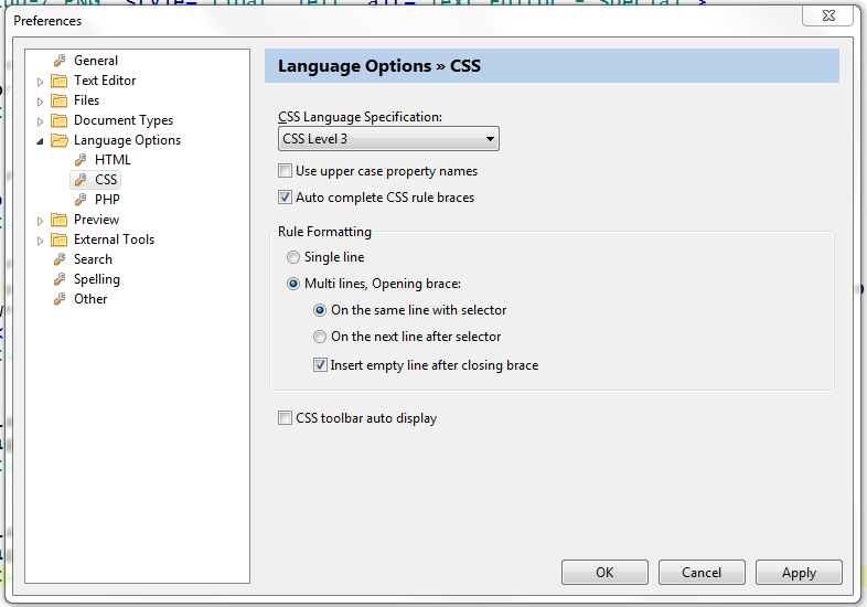 language Options - CSS
